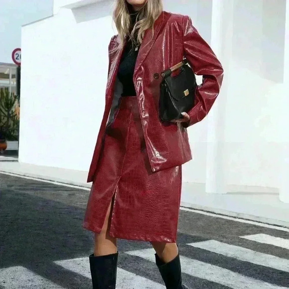 Red Casual Women's Faux Crocodile Printed Blazer Jacket & Midi Skirt - Picture 1 of 8
